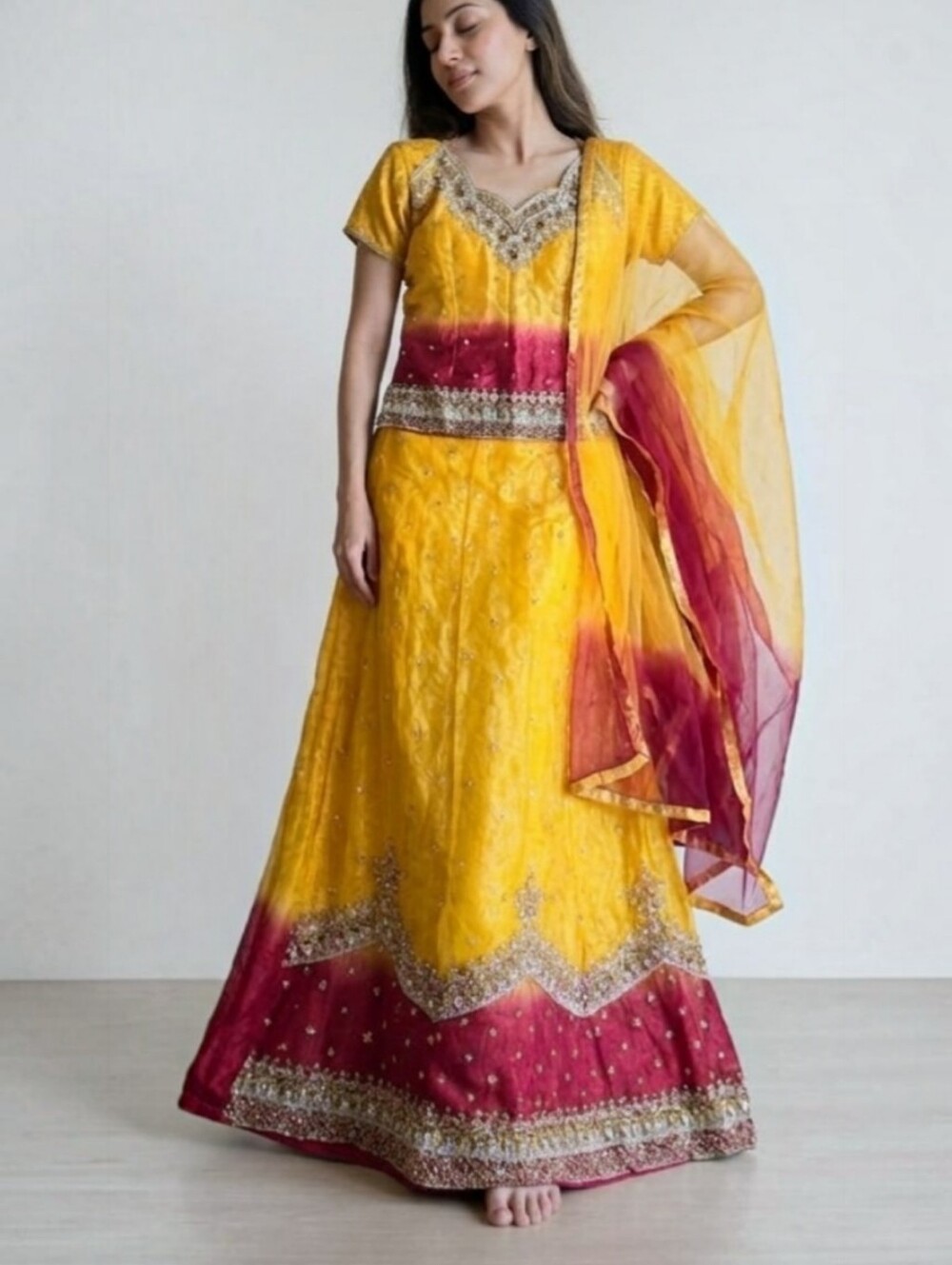 Indian Lehenga Choli Set Yellow and Magenta Ombre size XL